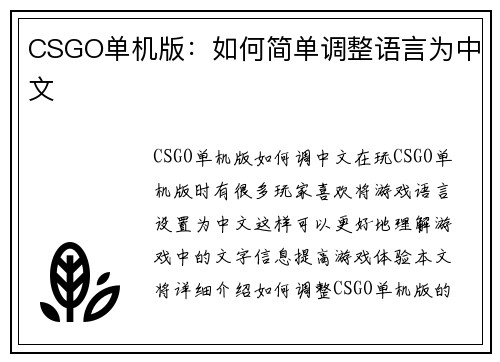 CSGO单机版：如何简单调整语言为中文